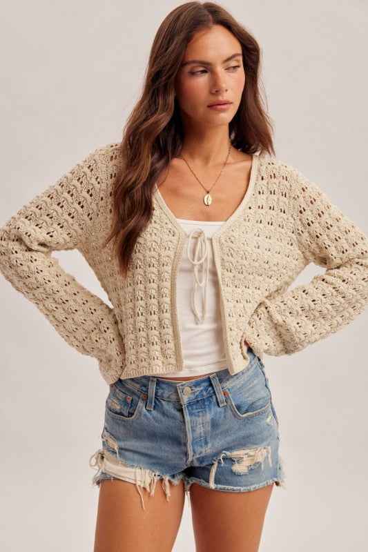 Tie Front Bell Sleeve Crochet Cardigan