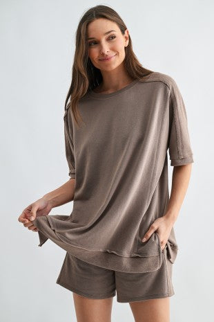 Mocha French Terry Dolman Sleeve Top