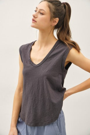 Charcoal Cap Sleeve Garment Dyed Top