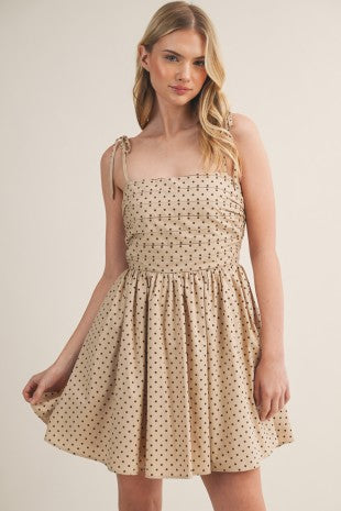 Tan Ruched Bodice Tie Shoulder Mini Dress
