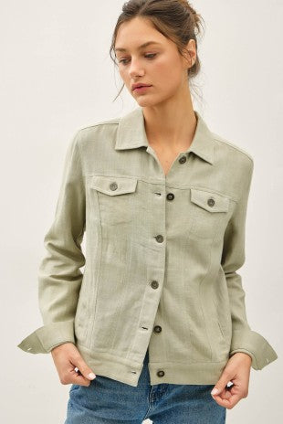 Sage Lightweight Linen Blend Buttoned Jacket