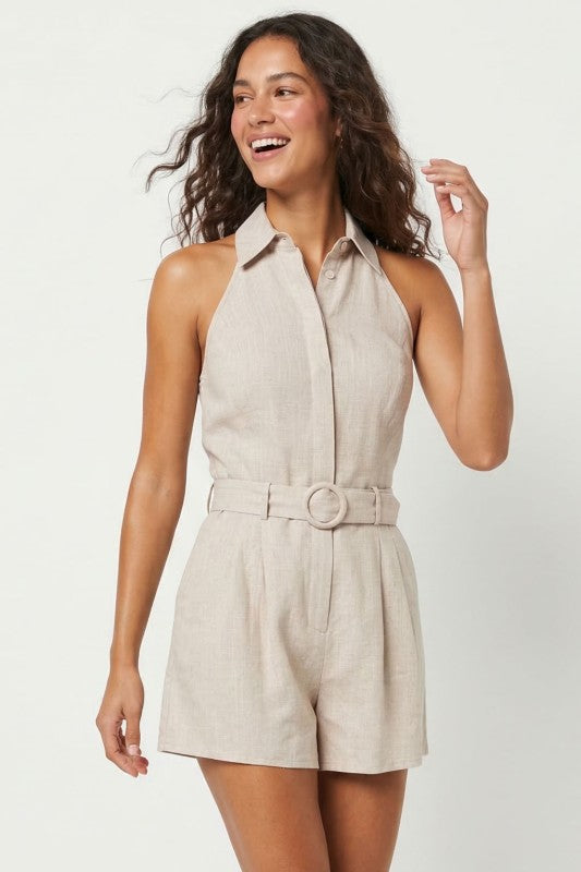 Belted Linen Halter Romper