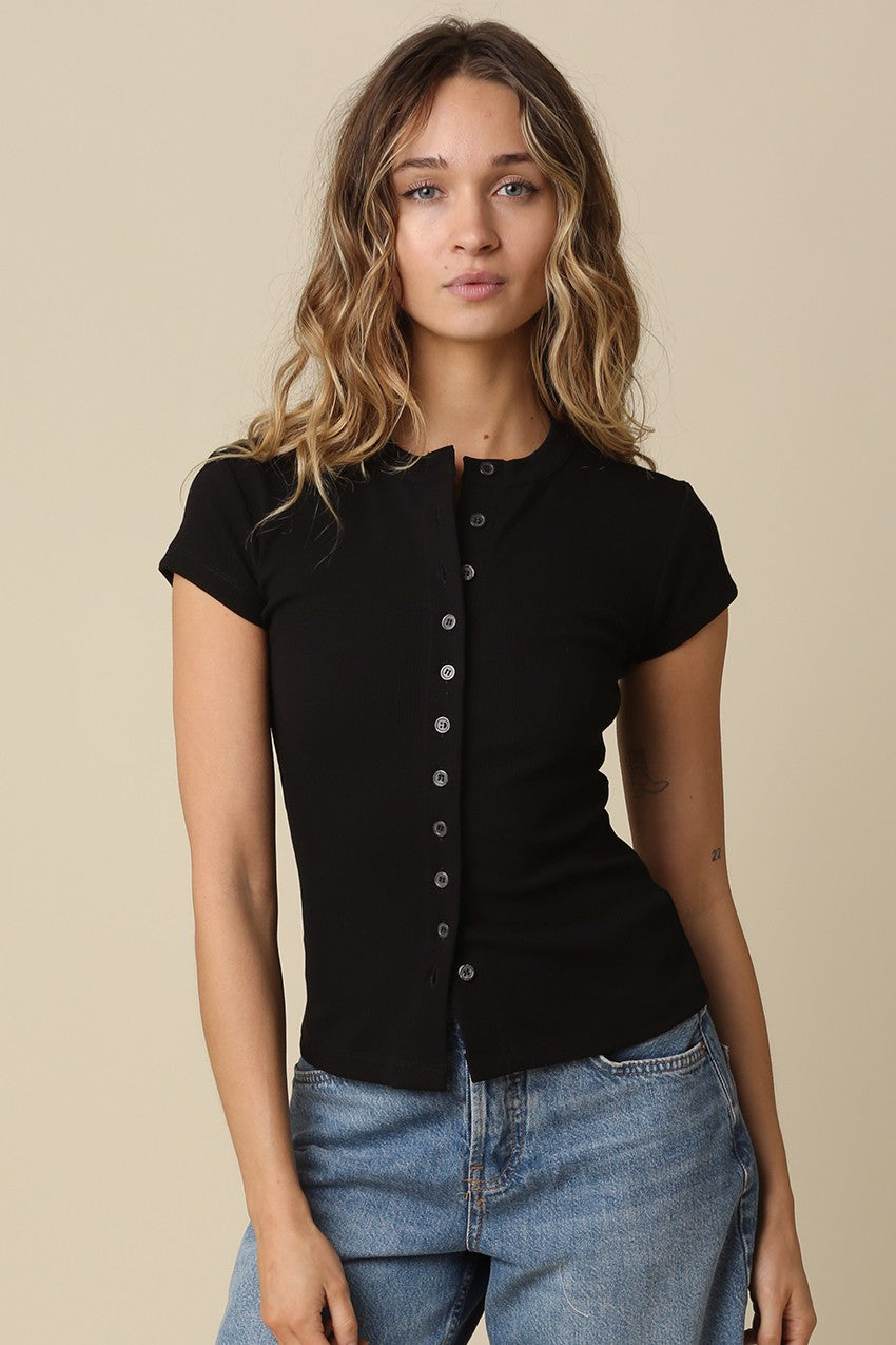 Black Sculpt Button Knit Top