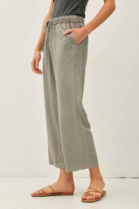 Gray Tencel Drawstring Wide Leg Pants