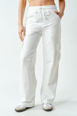 White Wide Leg Cotton Cargo Pants
