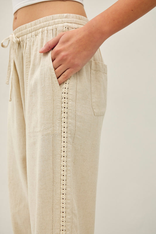 Natural Crochet Lace Trim Linen Pants