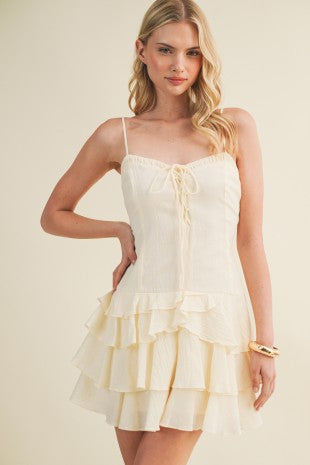Ivory Lace-up Bodice Tiered Ruffle Dress