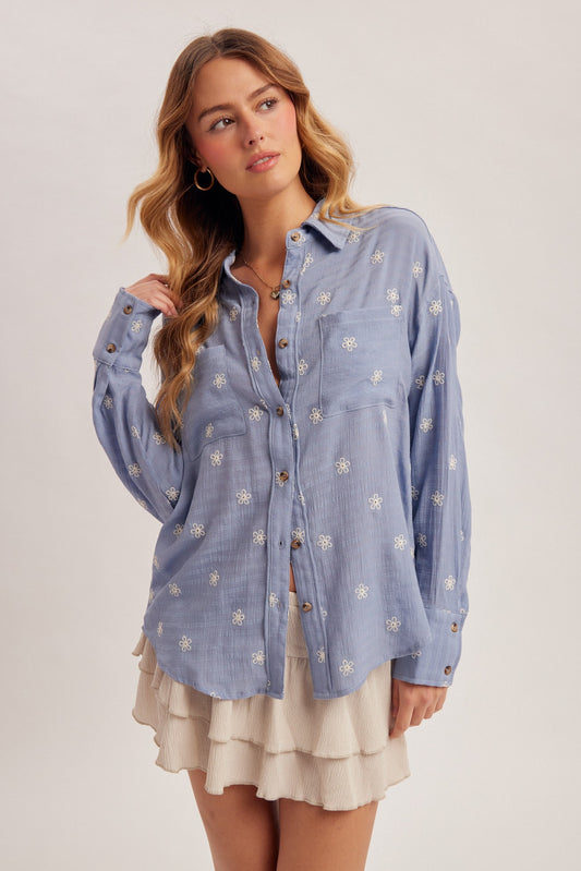 Ivory Floral Embroidered Button Down