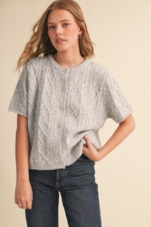 Gray Cable Knit SS Sweater Cardigan