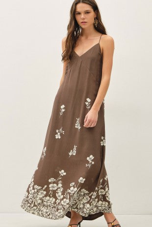 Brown Floral Printed Strappy Tie Maxi Dress
