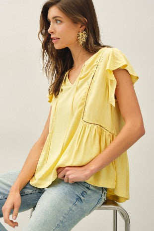 Yellow Tie Front Ruffle Sleeve Top