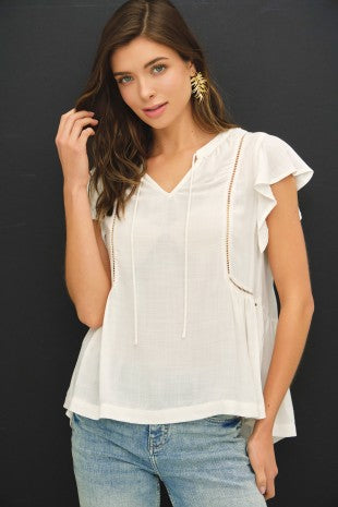 White Tie Front Ruffle Sleeve Top