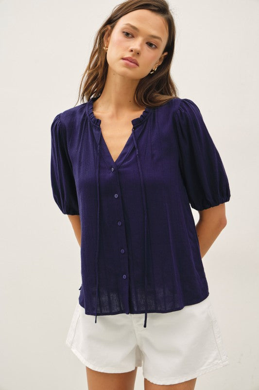 Navy Linen Blended Ruffle Blouse