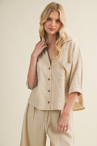 Natural Pleated Button Top
