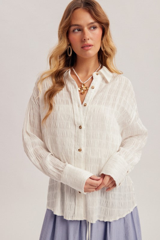 White Textured Button Down Blouse
