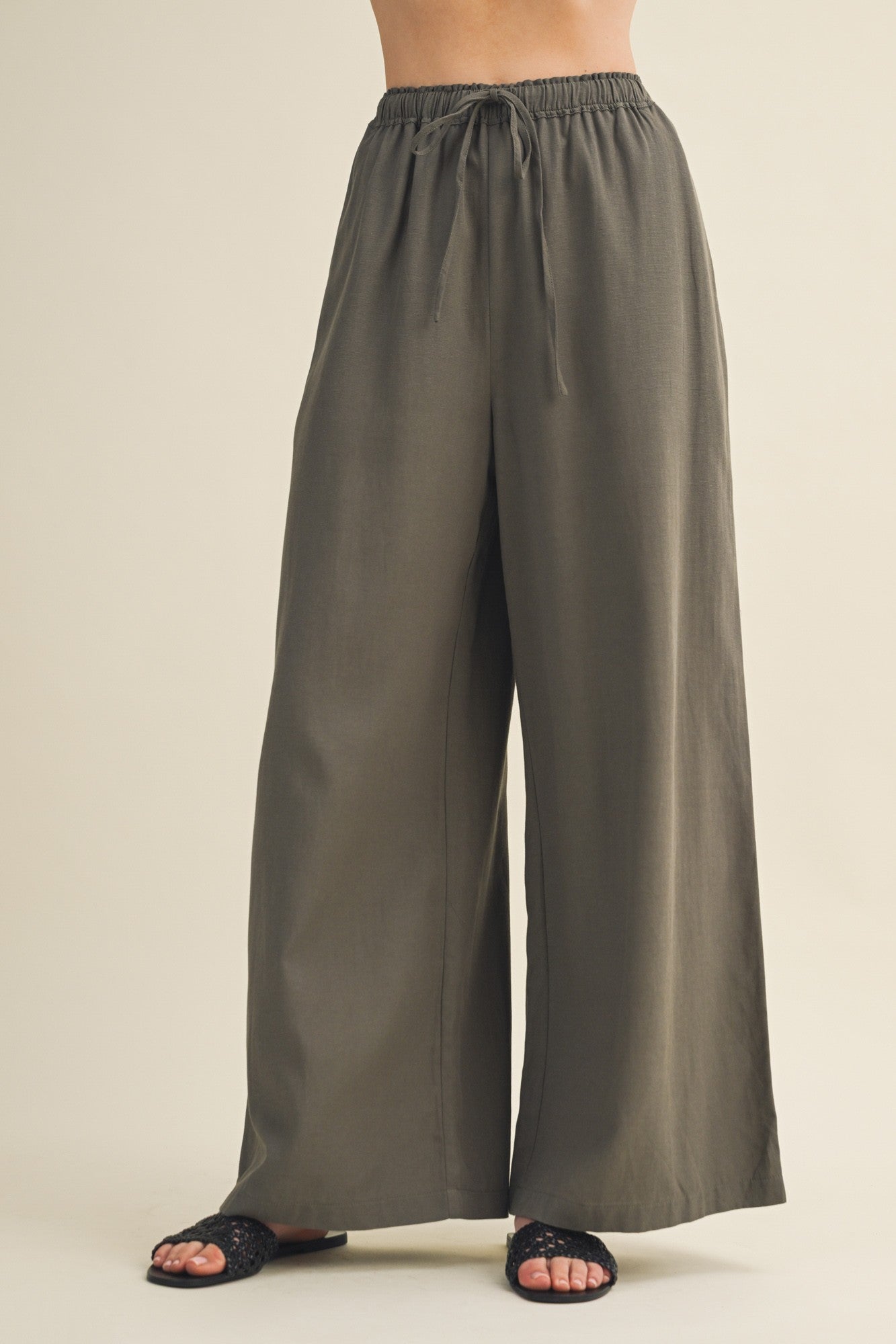 Olive Drawstring Wide-leg Trousers