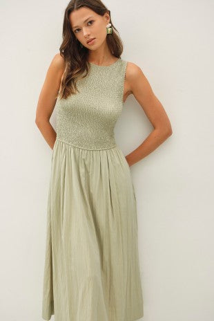 Sage Smocked Boatneck Tank Midi Dress