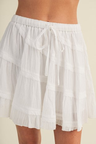 White Drawstring Waist Tiered Voile Skort