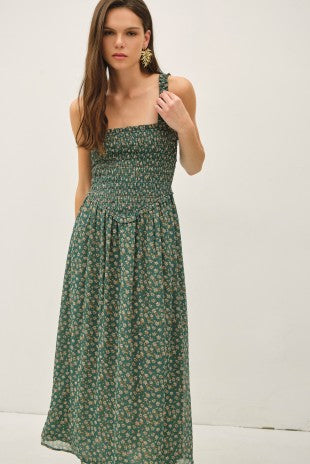 Forest Floral Smocked Midi Dress