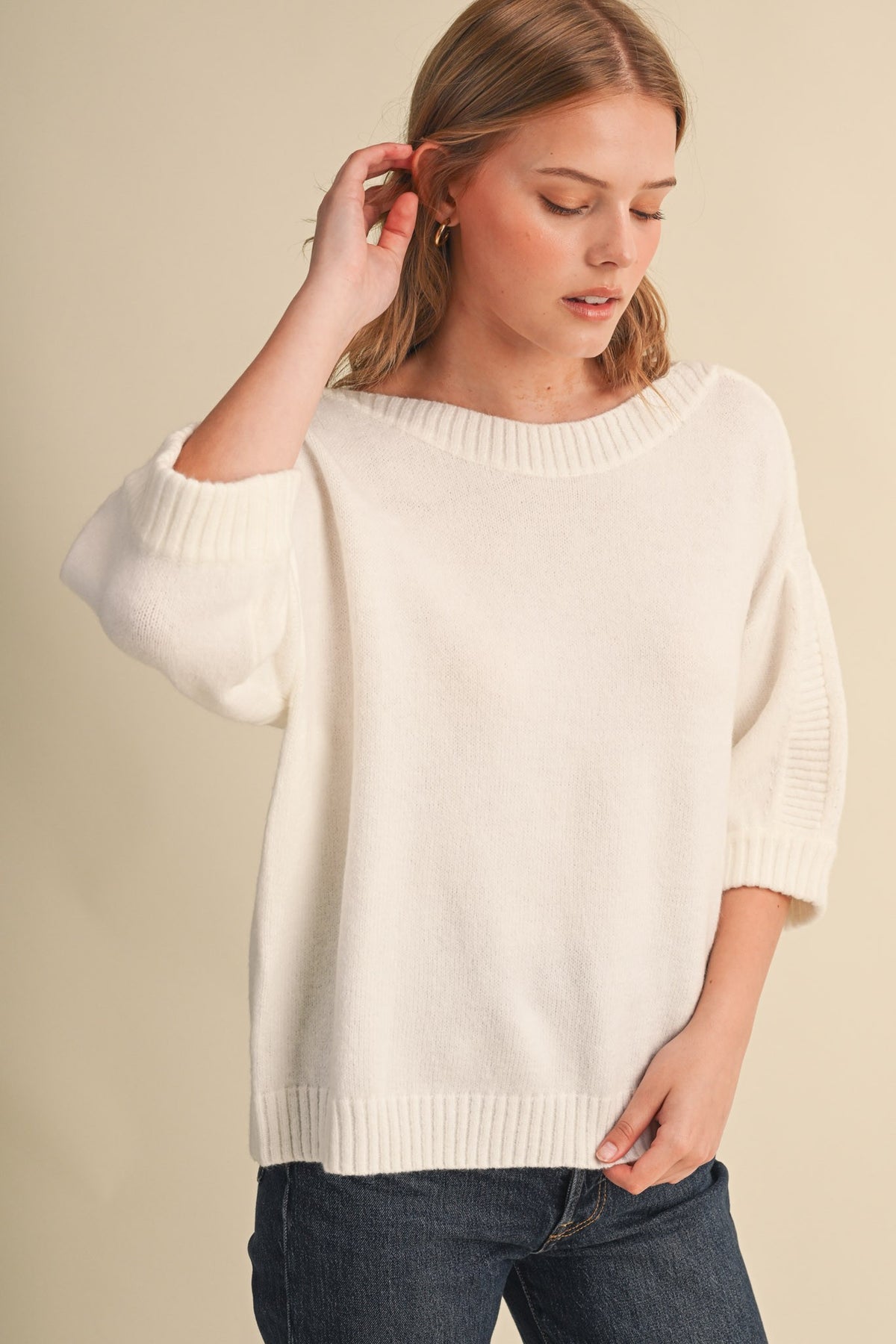 White Ribbed Detail Boat Neck Sweater