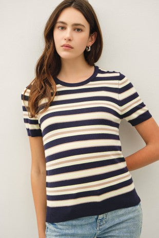 Navy Striped Short Sleeve Sweater Top