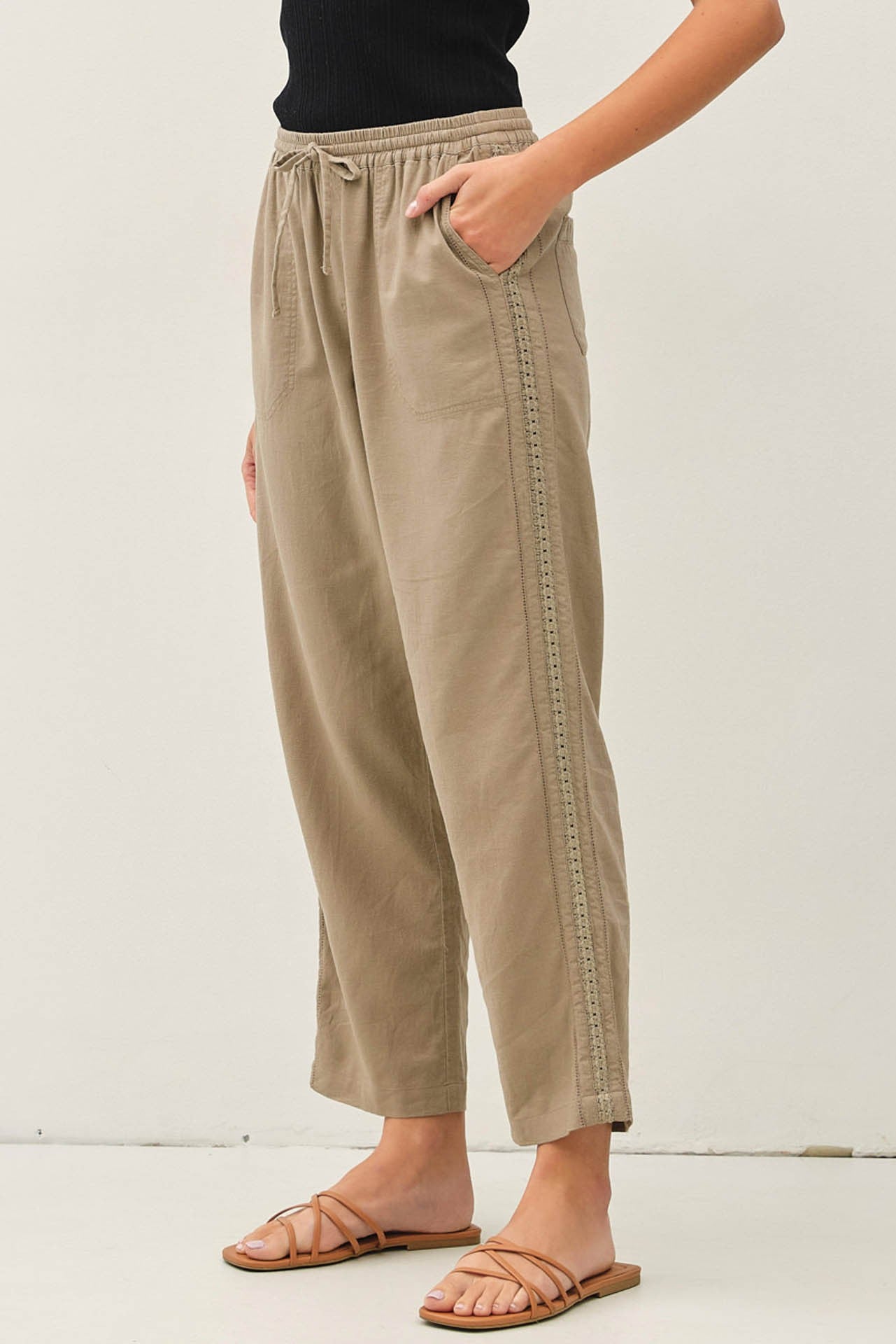 Mocha Crochet Lace Trim Linen Pants