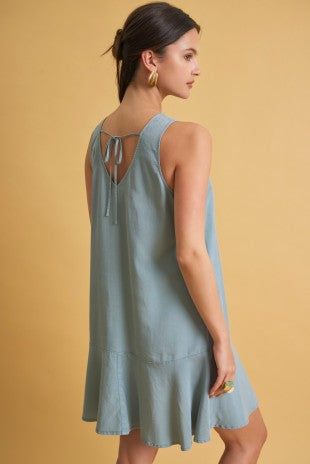 Blue Ruffle Hem Tencel Mini Dress