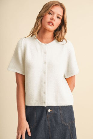 White Short Puff Sleeve Sweater Cardigan