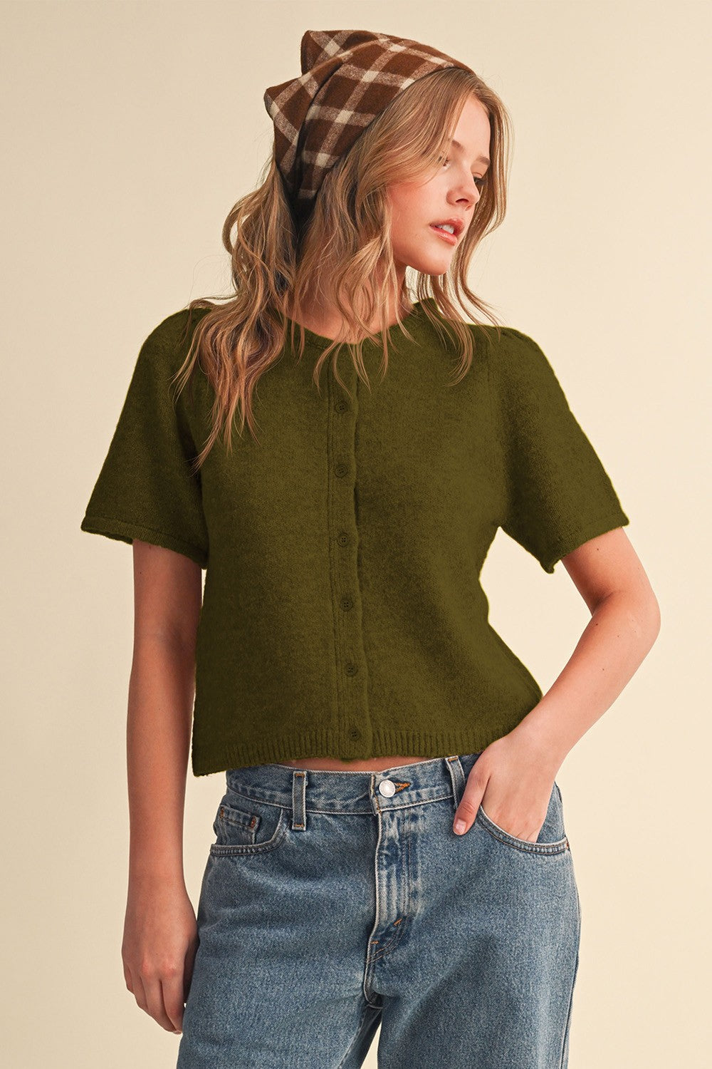 Moss Short Puff Sleeve Sweater Cardigan