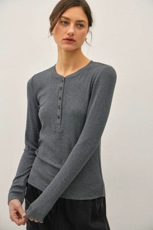 Charcoal Ribbed LS Henley Top
