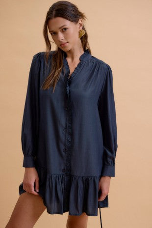 Navy Ruffled Mini Shirt Dress