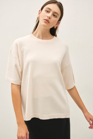 Cream Half Sleeve Crewneck Sweater