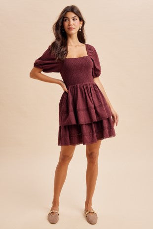 Plum Smocked Eyelet Tiered Mini Dress