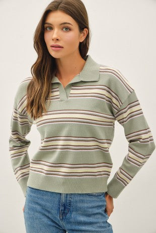 Sage Polo Triple Striped Sweater