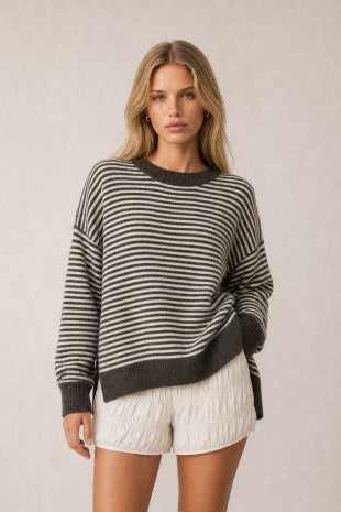 Brown Stripe Relaxed Crew Sweater