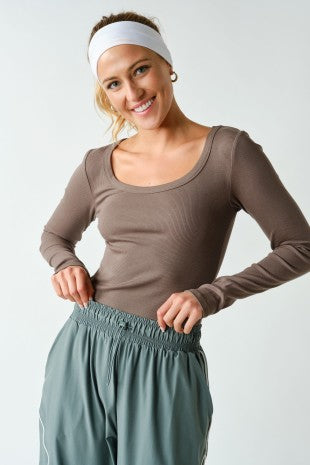 Mocha Micro Ribbed Long Sleeve Top