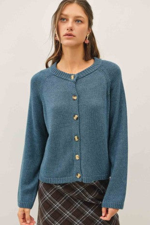 Teal Crewneck Button Up Cardigan
