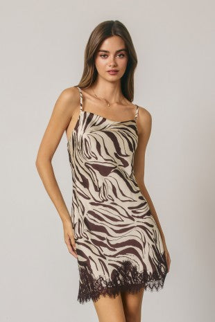 Zebra Print Lace Trim Mini Slip Dress