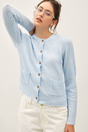 Light Blue Ribbed Button Cardigan