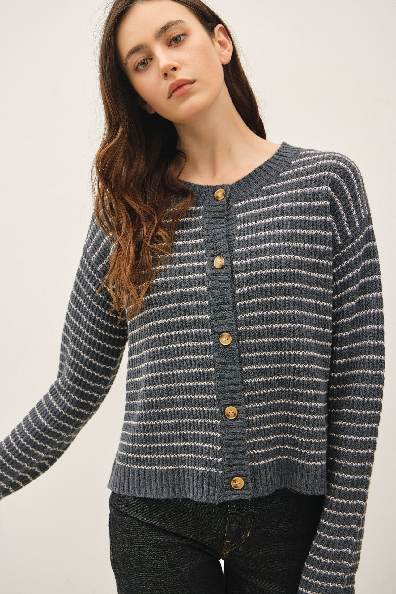 Navy Striped Waffle Knit Cardigan