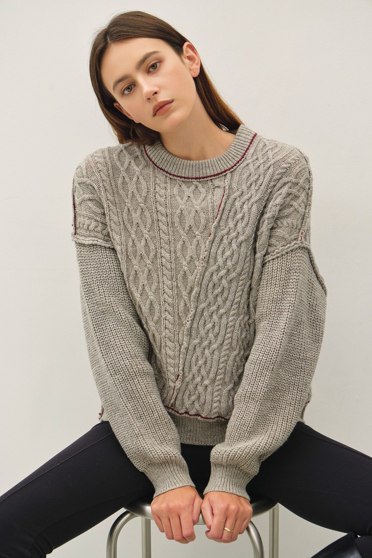 Gray Contrast Stitching Cable Knit Sweater