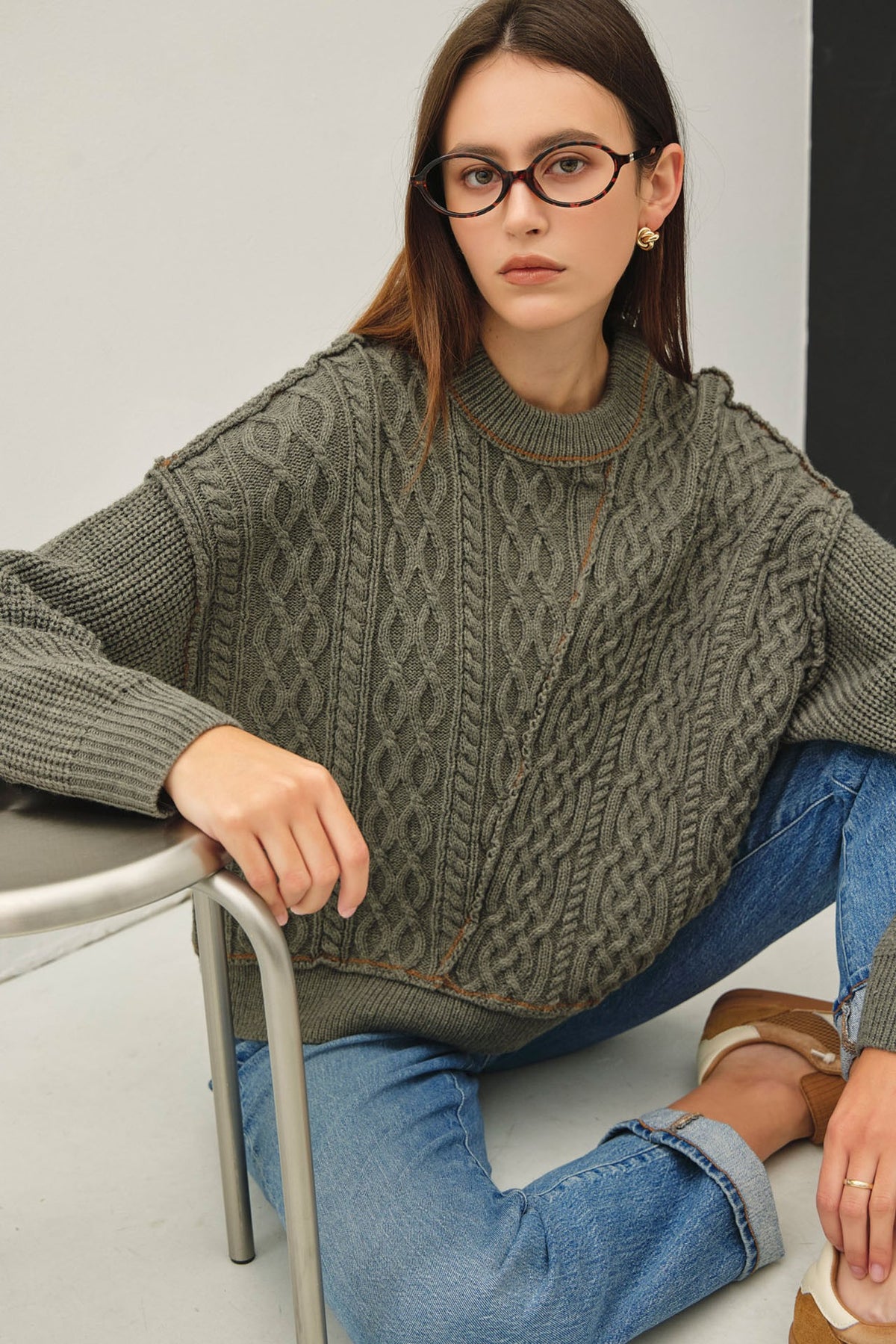 Olive Contrast Stitching Cable Knit Sweater