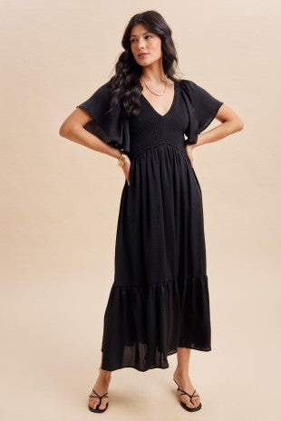 Black Smocked Satin Midi Dress