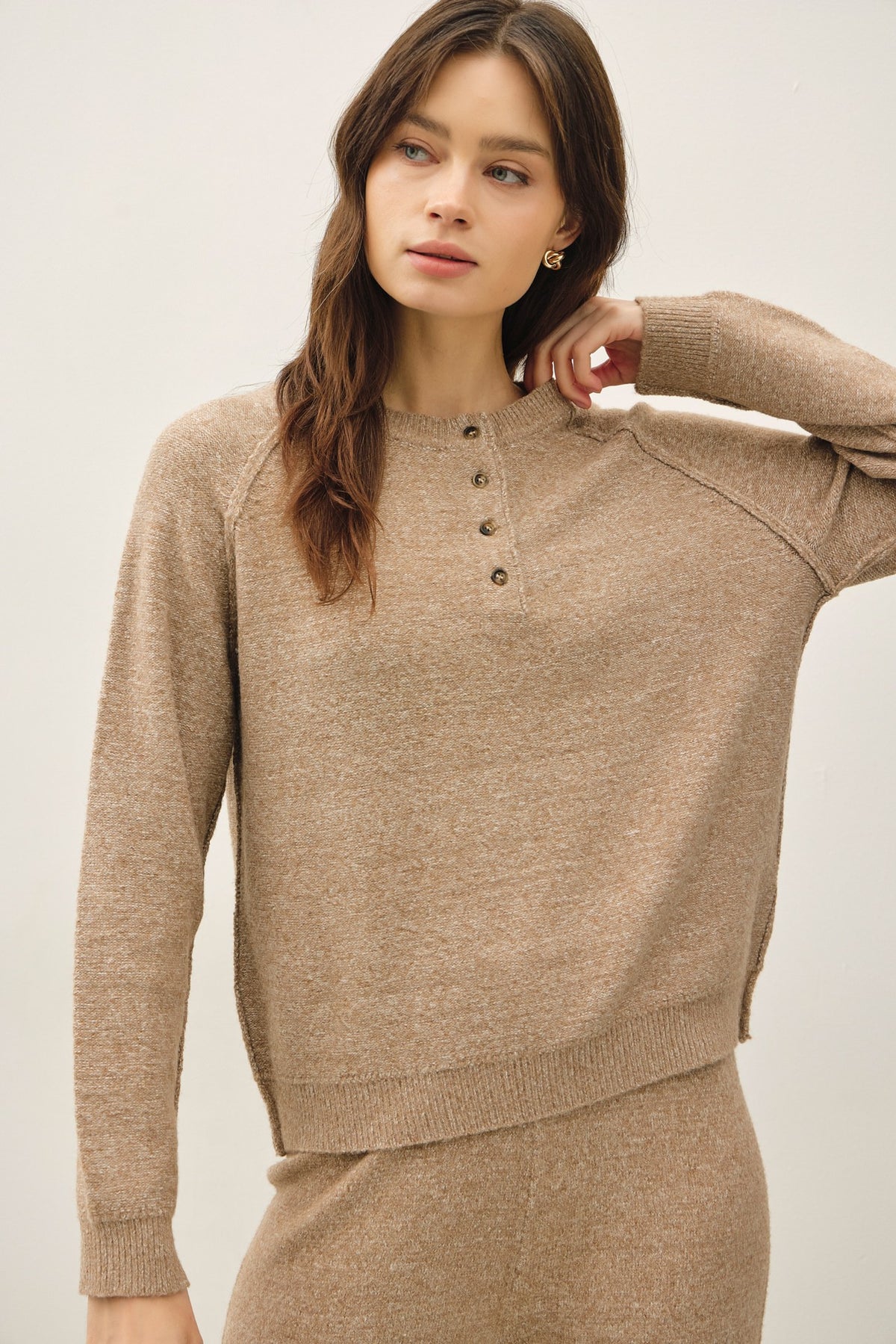 Tan Henley Button Sweater Top