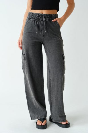 Black Wide Leg Cotton Cargo Pants