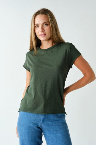 Hunter Green Raw Cap Sleeve Tee