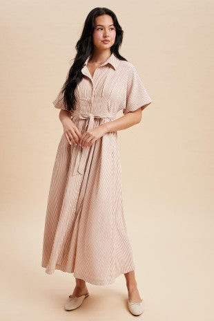 Tan Brown Striped Button Down Shirt Dress
