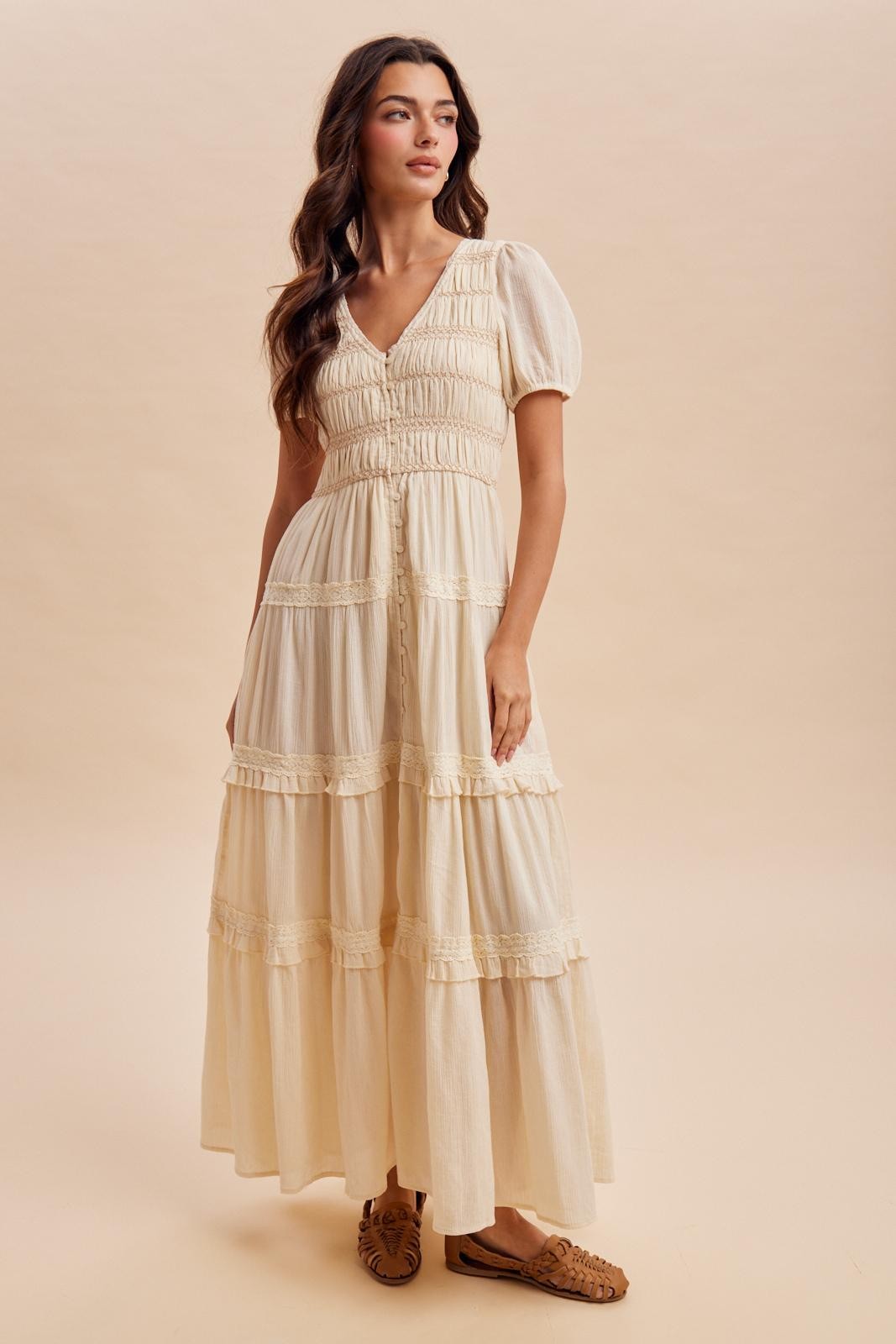 Ivory Smocked Button Down Maxi Dress