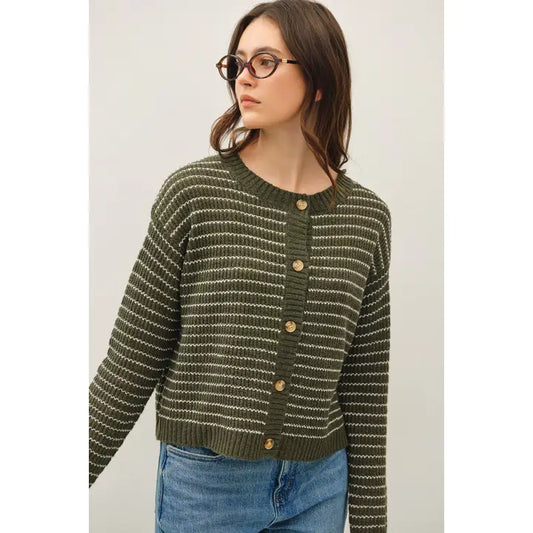 Olive Striped Waffle Knit Cardigan