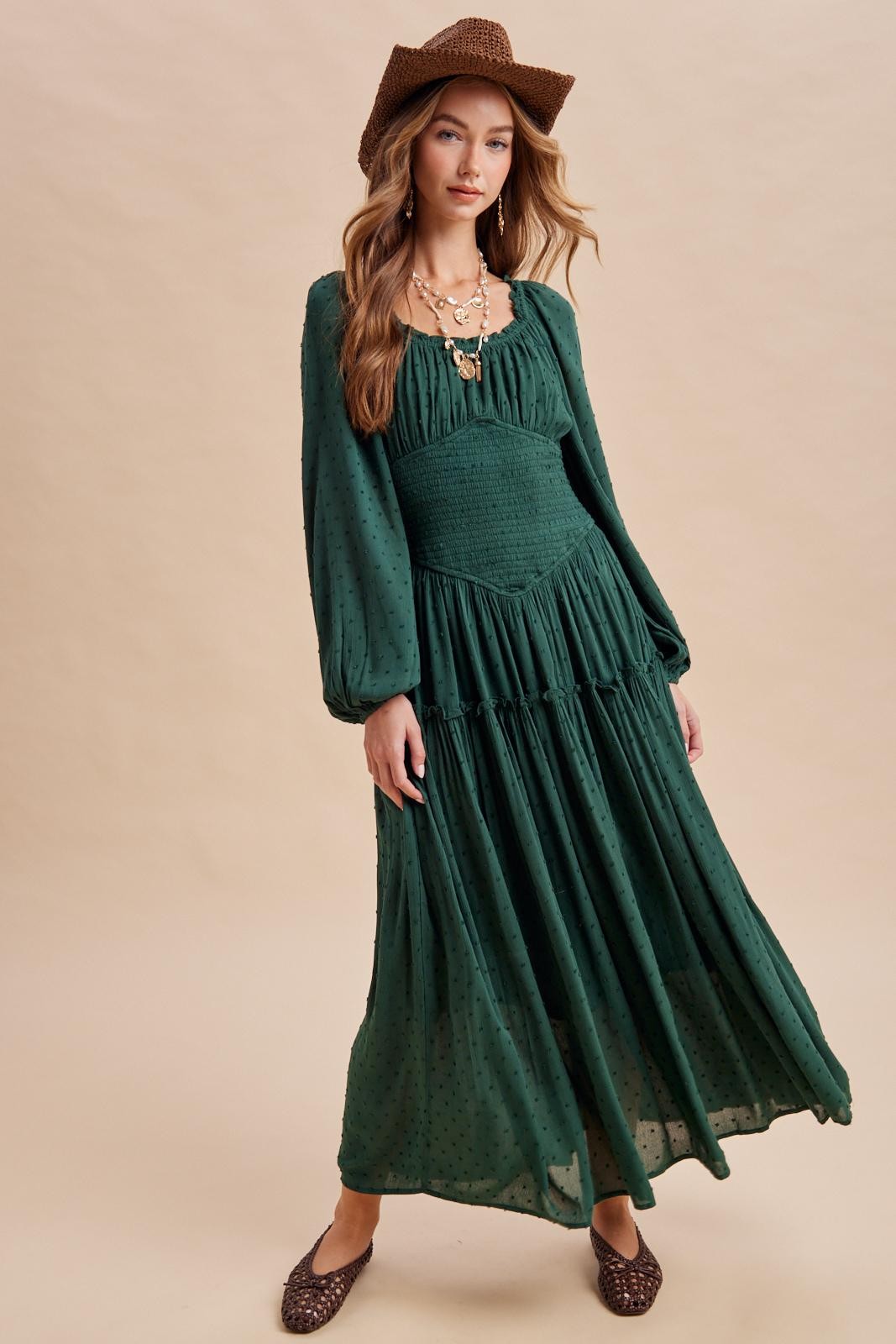 Pine Smocked Waist Maxi Dress